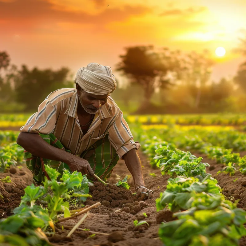 A farmer tending young plants in a field