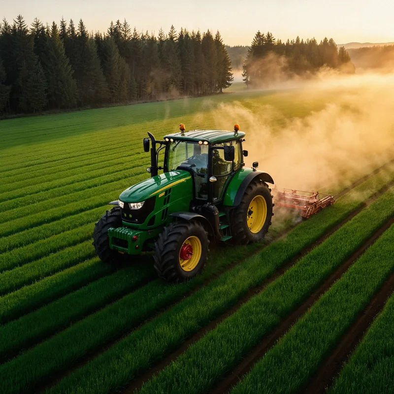 A tractor cultivating rows in a green field