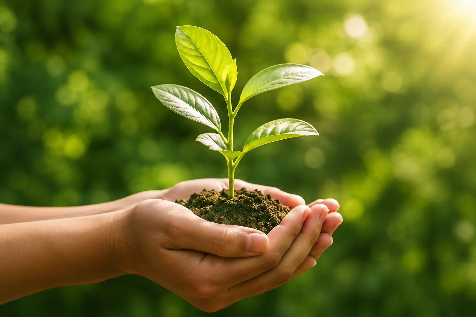 A young plant held in cupped hands above soil